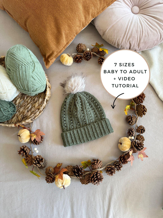 CROCHET PATTERN + VIDEO - Puff Stitch Hat Crochet Pattern | Worsted Weight Beanie 7 Sizes Baby to Adult | Quick Winter Gift or Market Seller